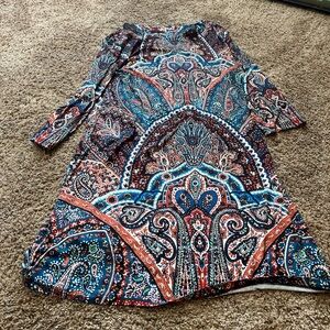Y2K blue and rust paisley print long sleeve dress